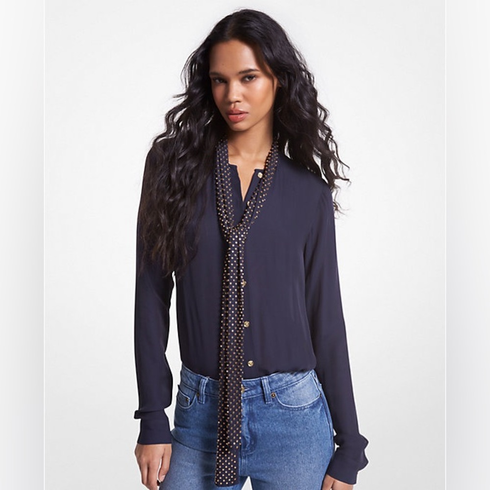 Michael Kors Astor Stud Georgette Tie-Neck Silk blend Blouse